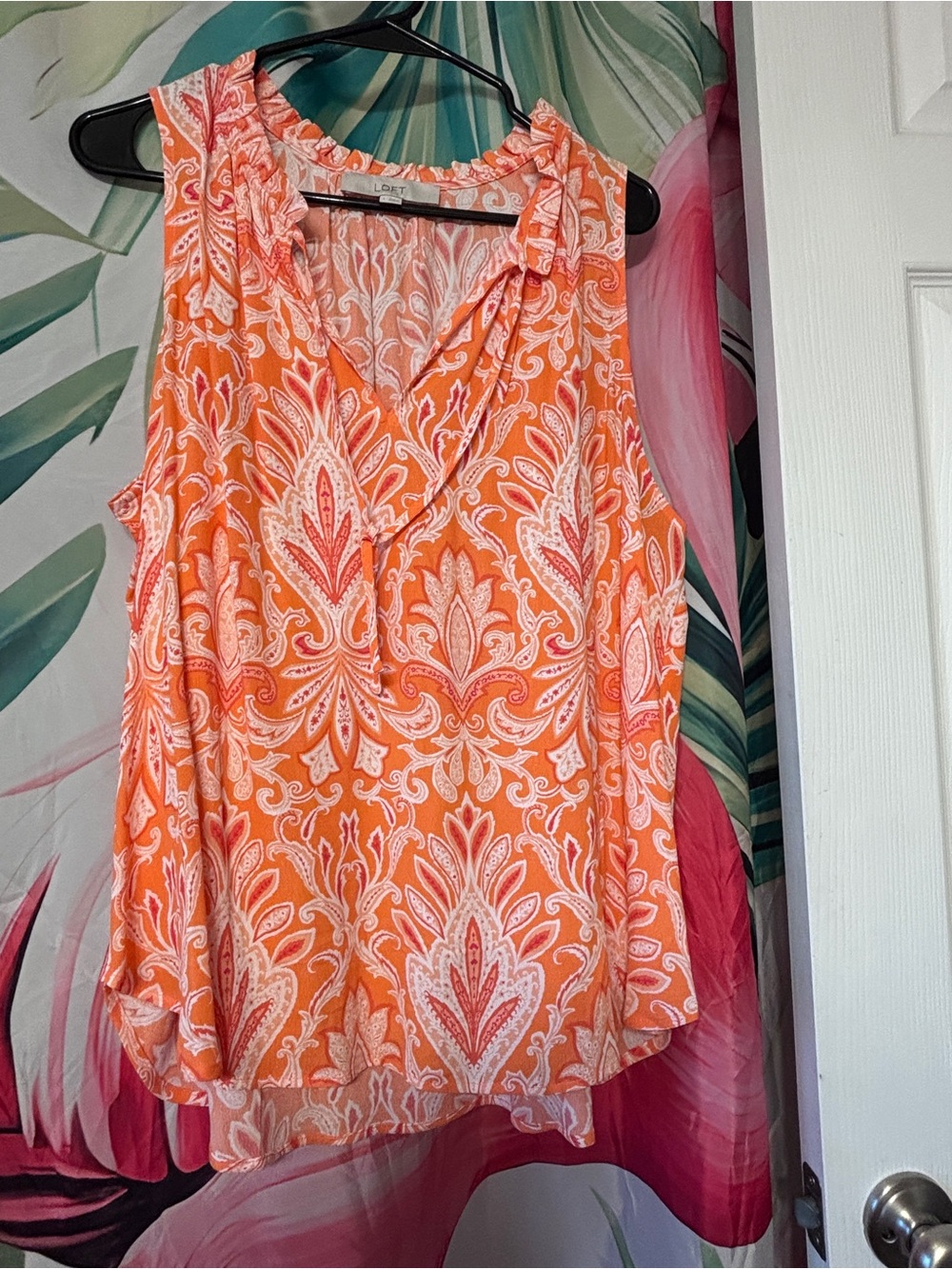 LOFT Orange and White Paisley Sleeveless V-Neck Top. Size Large